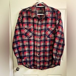 COUNTRY PLAID Women’s Flannel Size Large Fitted Preshrunk Dark Red, Navy & Beige